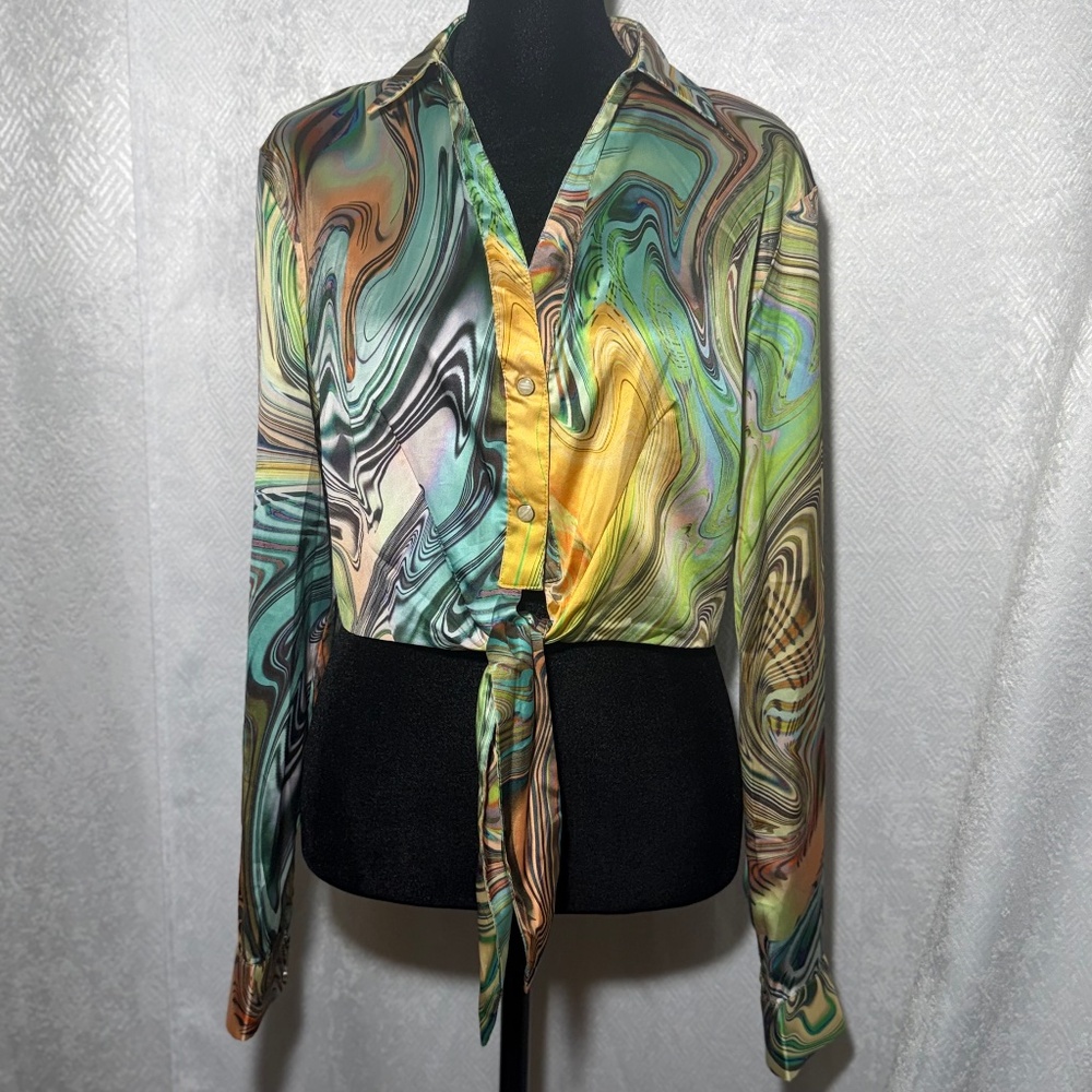 Poster Grl Tie Front Crop Top Y2K Psychedelic Swirl Long Sleeve Small